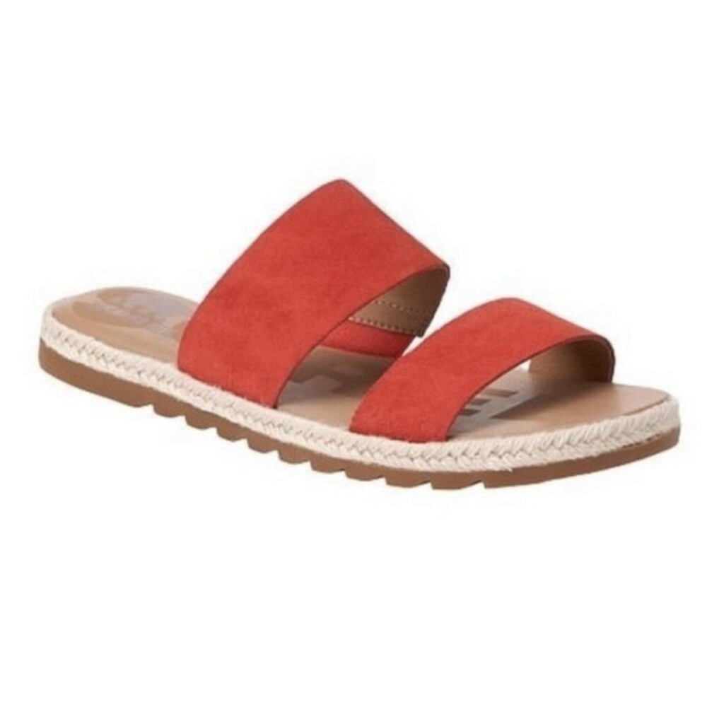 Sorel Ella II Red Orange Leather 2 Band Slide Sandals Women Size 9 Flats